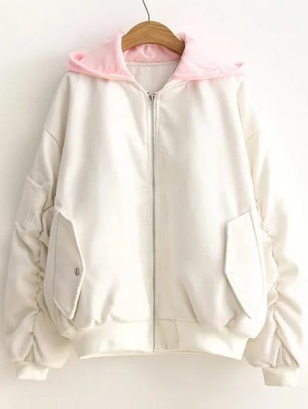 Shein White Letter Embroidery Contrast Hooded Zipper Coat