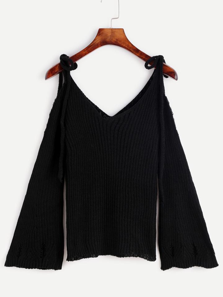 Shein Black Cold Shoulder Bell Sleeve Sweater