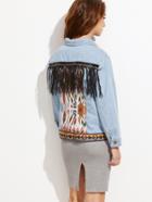 Shein Blue Embroidered Back Denim Jacket With Fringe Detail