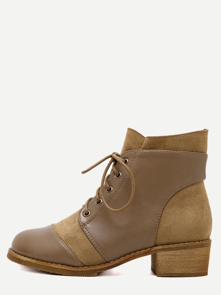 Shein Camel Leather And Suede Lace Up Cork Heel Booties