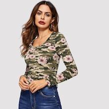 Shein Single Pocket Camo & Floral Tee