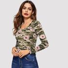Shein Single Pocket Camo & Floral Tee