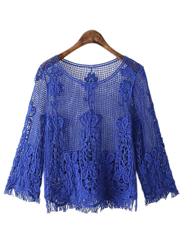 Shein Blue Long Sleeve Fringe Lace Blouse