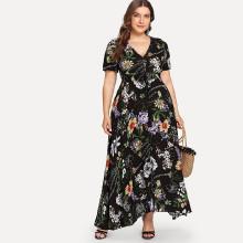 Shein Plus Surplice Neck Botanical Print Belted Dress