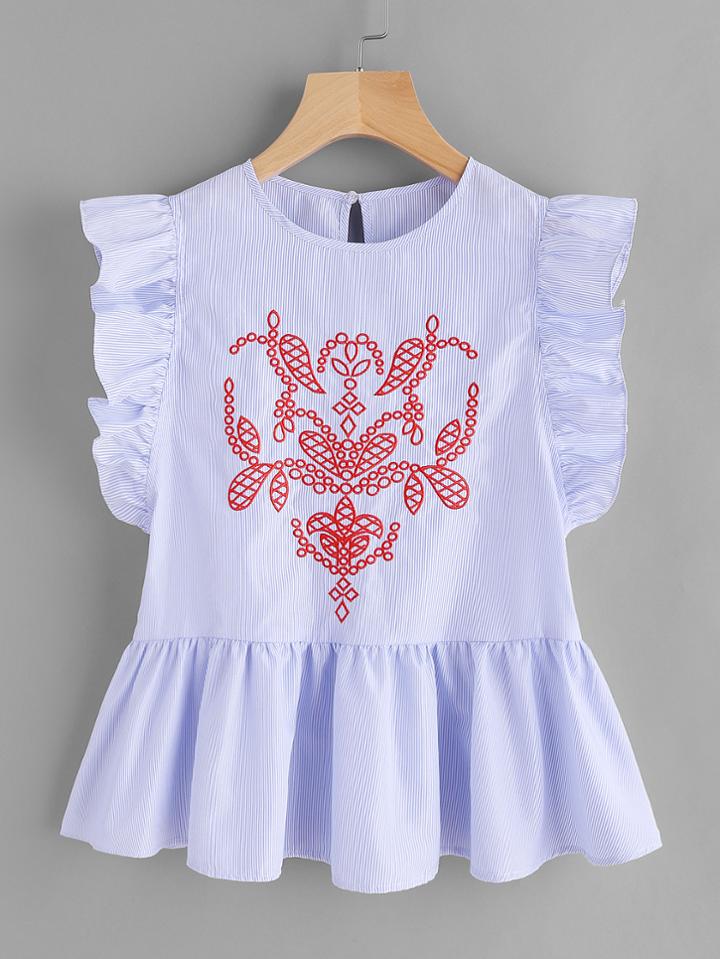 Shein Frill Trim Keyhole Back Embroidered Peplum Top