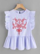 Shein Frill Trim Keyhole Back Embroidered Peplum Top