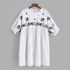 Shein Pinstriped Embroidery Babydoll Dress