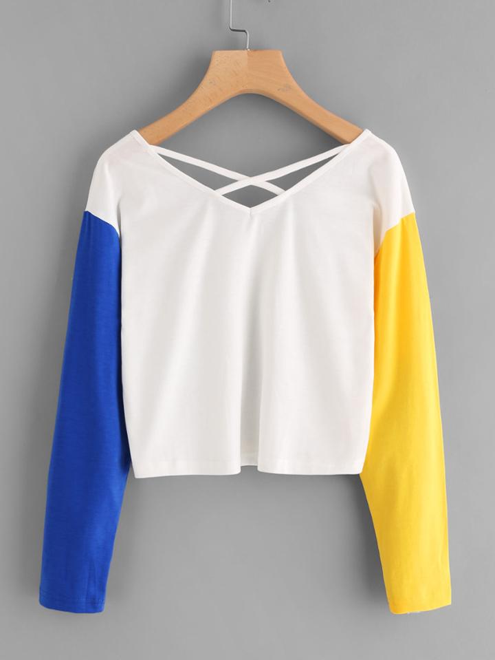 Shein Contrast Sleeve Criss Cross Back Crop Tee