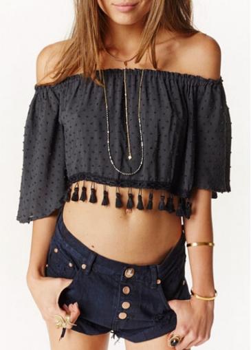 Rosewe Off The Shoulder Fringe Decorated Black Crop Top