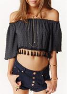 Rosewe Off The Shoulder Fringe Decorated Black Crop Top