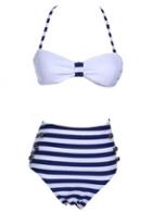 Rosewe Fashion White Tops With Navy Blue Stripes Thong Swimwear