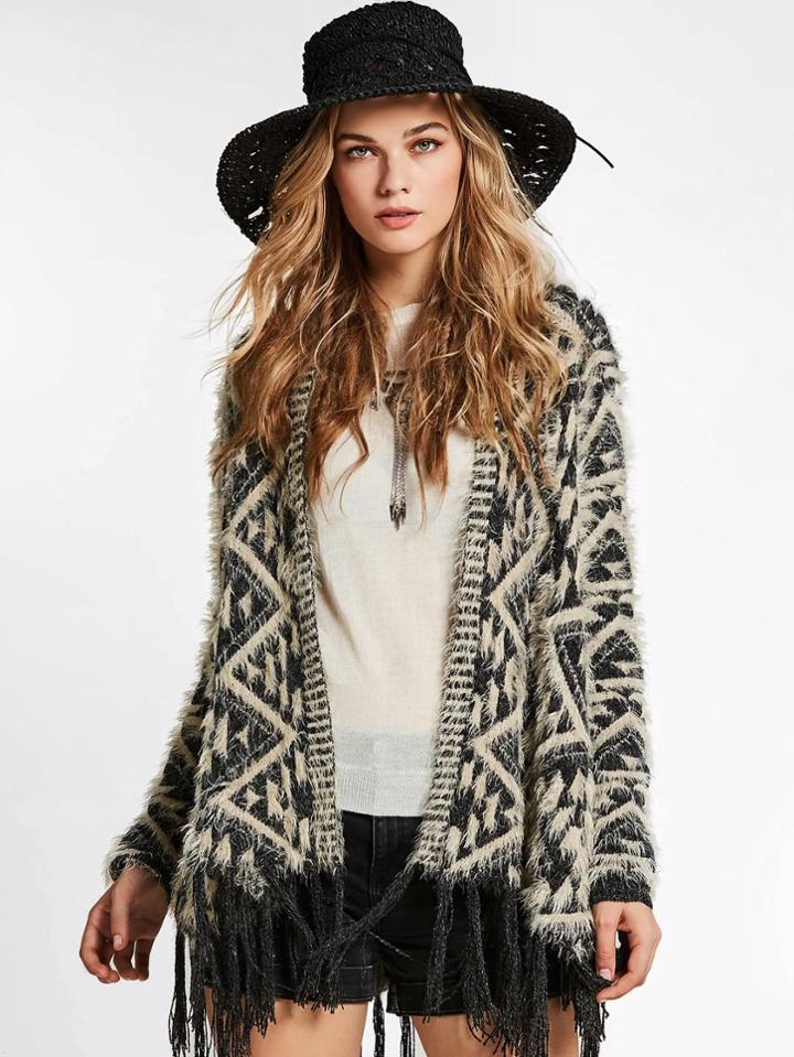 Shein Aztec Pattern Fringe Hem Fluffy Cardigan