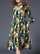 Shein Color Block Bell Sleeve Tie-waist Pockets Dress