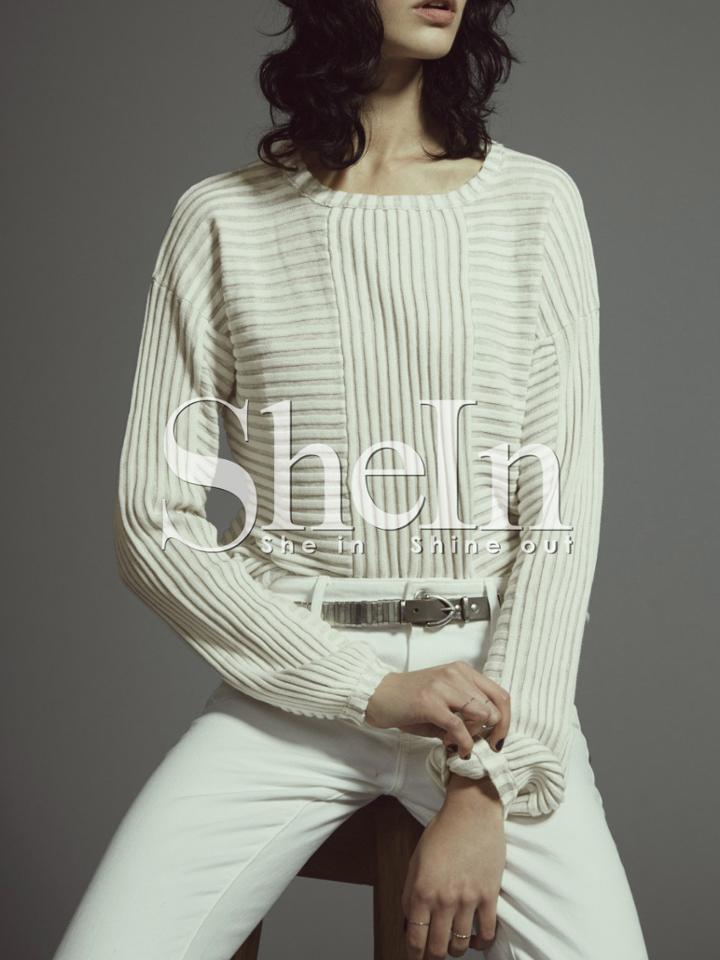 Shein White Crew Neck Ribbed T-shirt