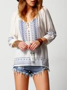 Shein White Blue Lace Up Embroidered Blouse
