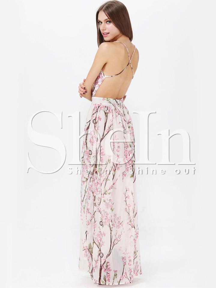 Shein Muiticolour Hibiscus Florals V-neck Spaghetti Straps Backless Maxi Dress