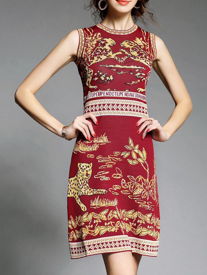 Shein Burgundy Leopard Knit A-line Dress