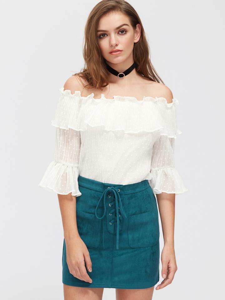 Shein Frill Trim Bardot Dobby Chiffon Top