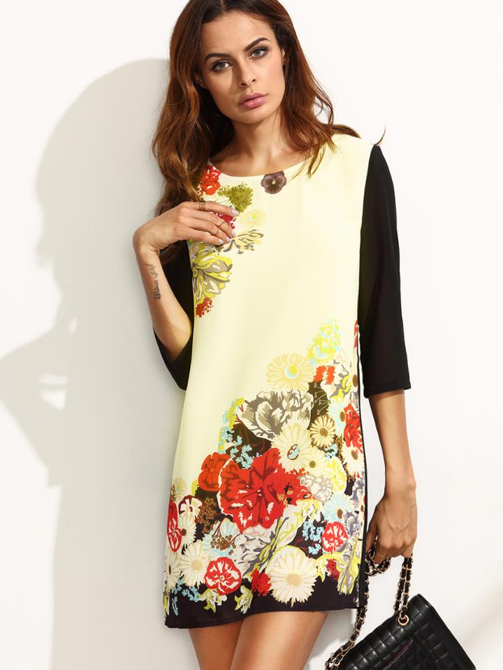 Shein Color Block Floral Three Quarter Sleeve Dress
