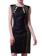 Shein Black Green Color Block Contrast Pu Sheath Dress