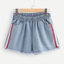 Shein Striped Raw Hem Elastic Waist Denim Shorts