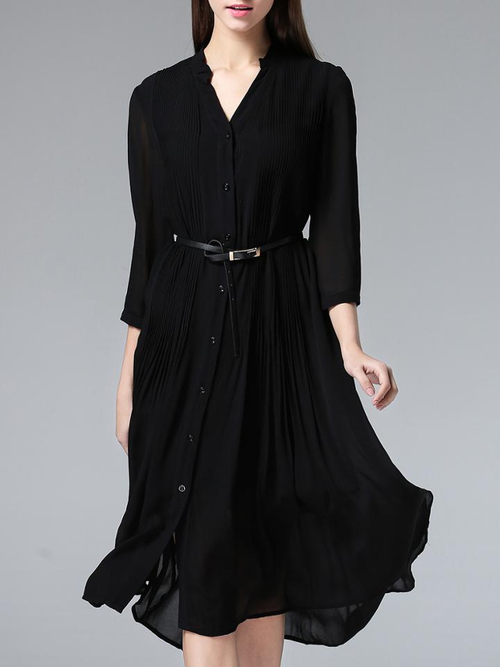 Shein Black V Neck Pleated Belted Dress