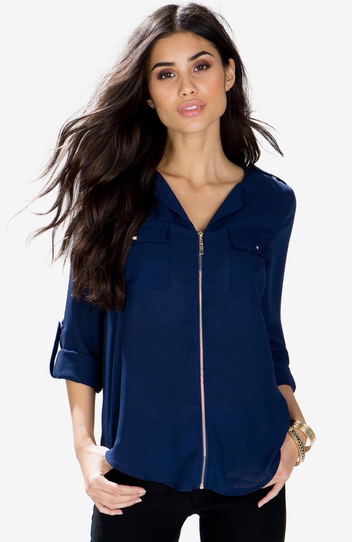 Shein Navy Long Sleeve Zipper Blouse