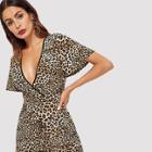 Shein Contrast Tipping Leopard Print Wrap Dress