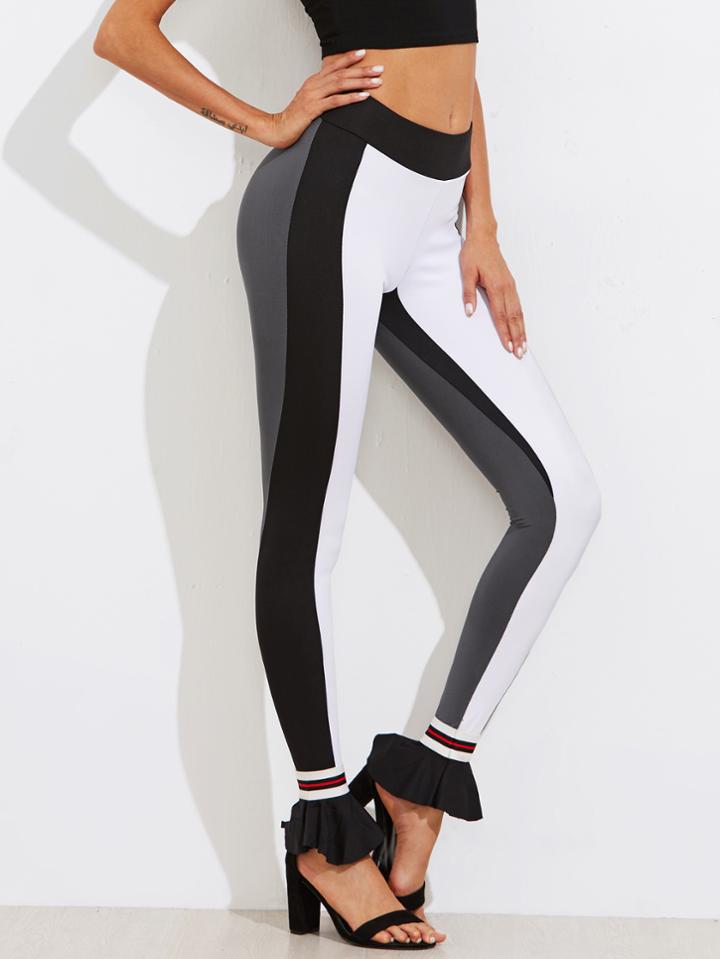 Shein Cut And Sew Striped Trim Frill Leggings
