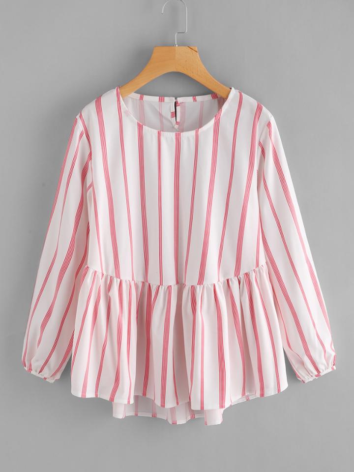 Shein Striped Frill Dip Hem Blouse