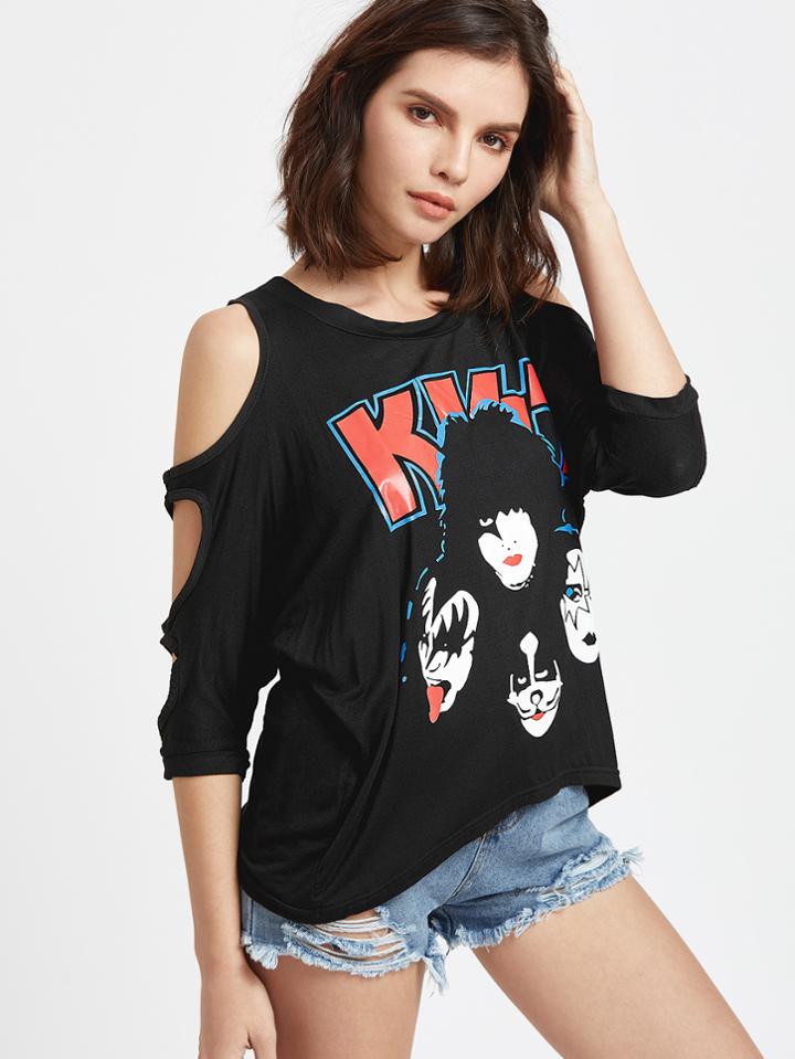 Shein Black Cut Out Shoulder Cartoon Print T-shirt