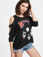 Shein Black Cut Out Shoulder Cartoon Print T-shirt