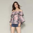 Shein Off-shoulder Ruffle Floral Bell Sleeve Blouse