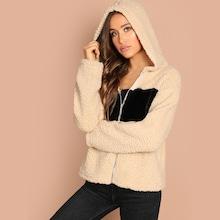 Shein Contrast Faux Fur Panel Teddy Hoodie Jacket
