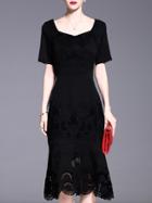 Shein Black Boat Neck Short Sleeve Hollow Embroidered Dress