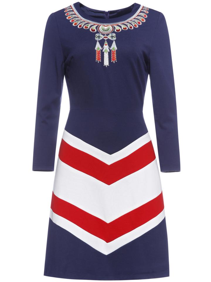 Shein Navy Embroidered Chevron Print Sheath Dress