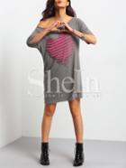 Shein Grey Scoop Neck  Heart Shape Riped T-shirt Dress