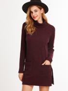 Shein Burgundy Turtleneck Side Slit Longline T-shirt With Pocket