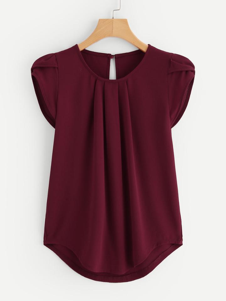 Shein Petal Sleeve Pleated Detail Curved Hem Blouse