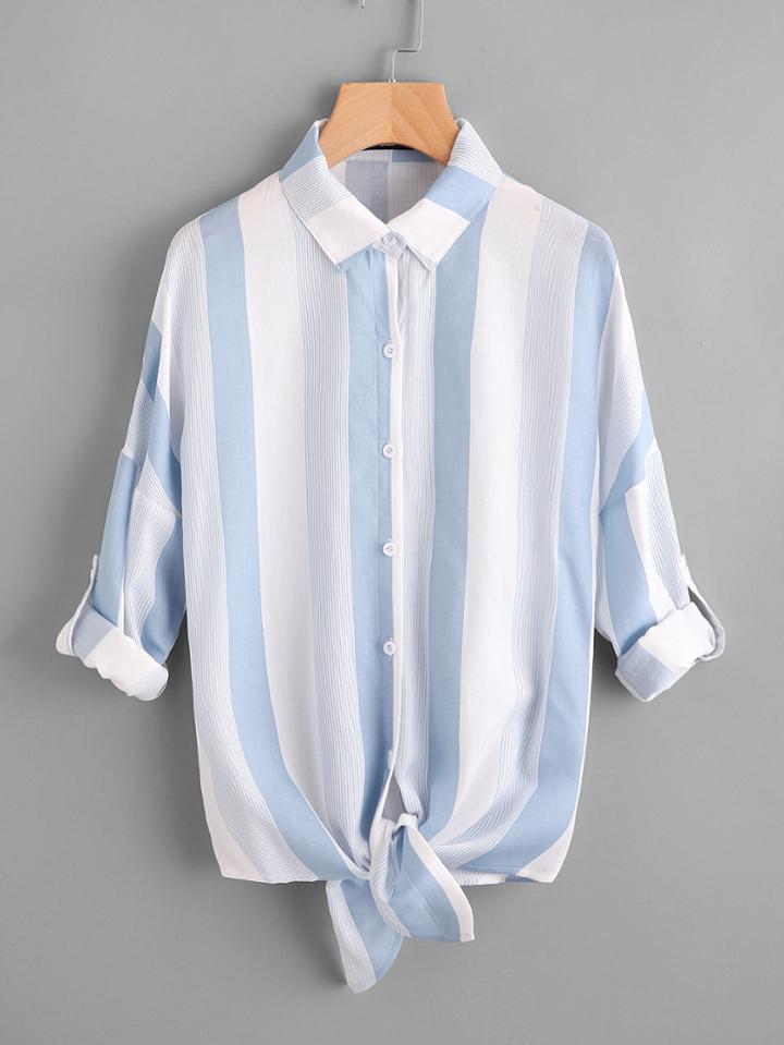 Shein Roll Tab Sleeve Knot Front Mixed Striped Blouse