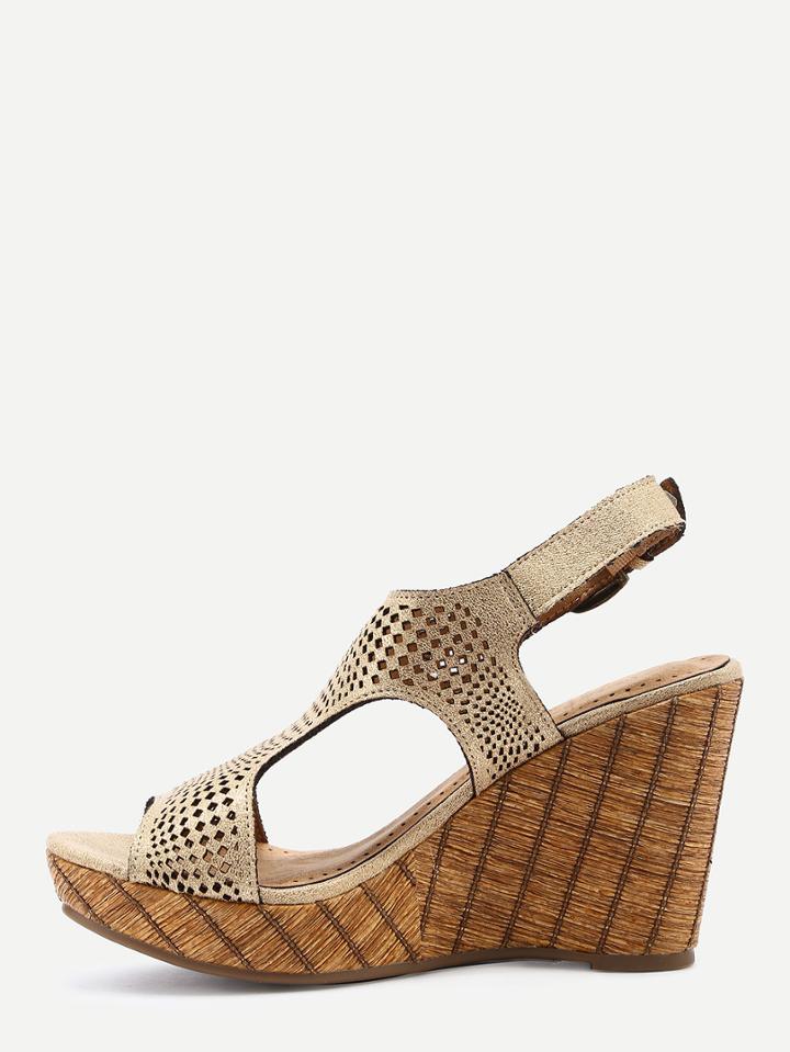 Shein Gold Laser Cut T-strap Wedge Sandals