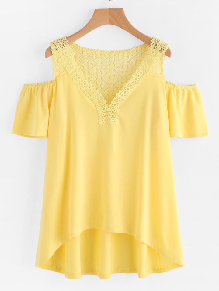 Shein Crochet Lace Panel Open Shoulder Dip Hem Tee