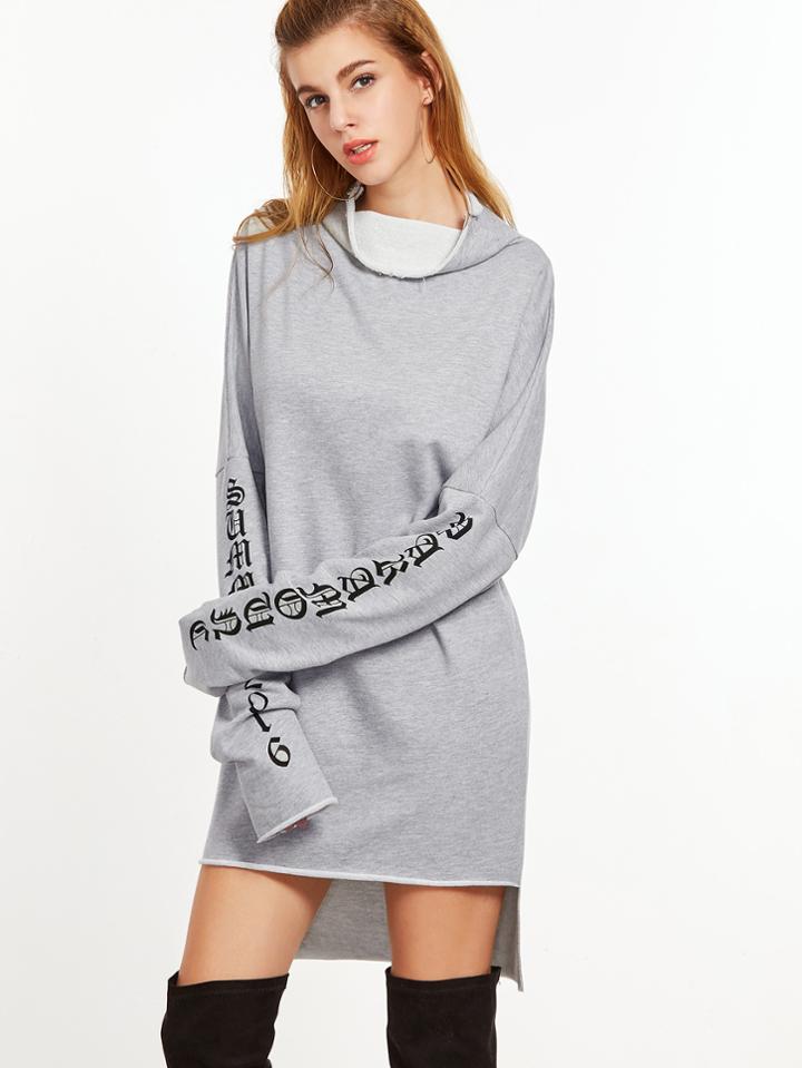 Shein Heather Grey Letter Print Cowl Neck High Low Sweatshirt Dress