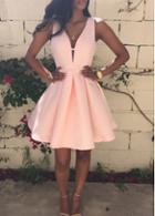 Rosewe Back Zipper Closure V Neck Pink Skater Dress