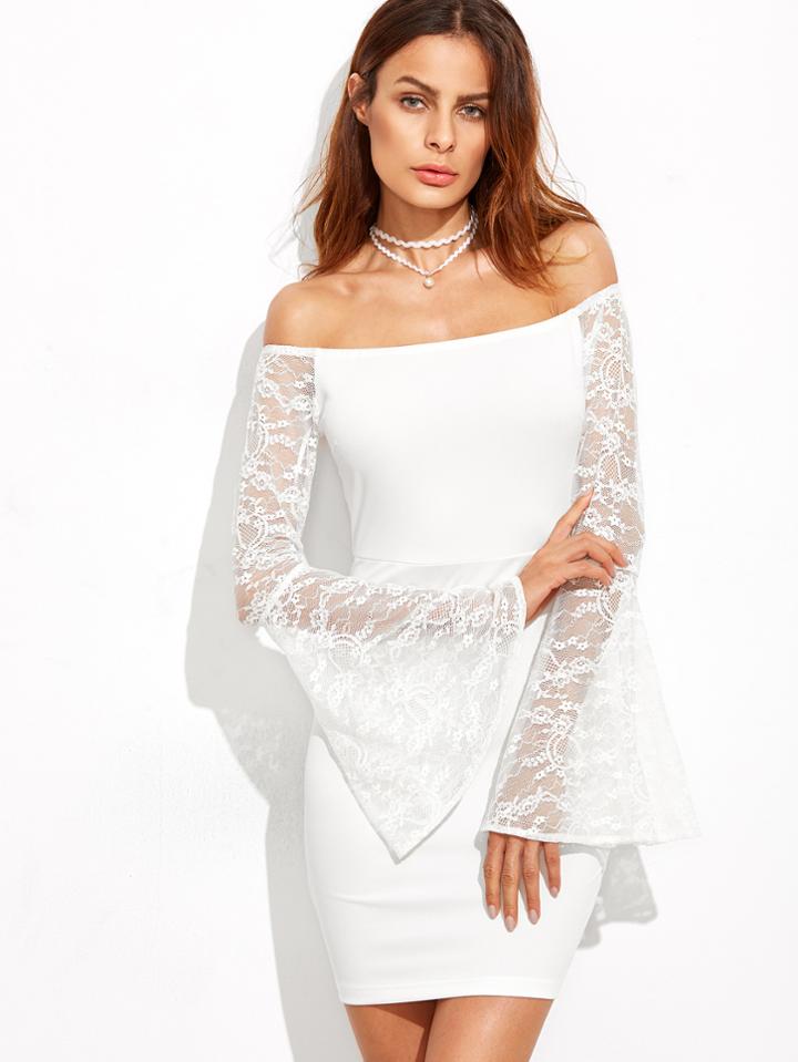 Shein White Lace Bell Sleeve Off The Shoulder Bodycon Dress