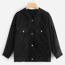 Shein Single Breasted Raw Hem Hooded Denim Jacket