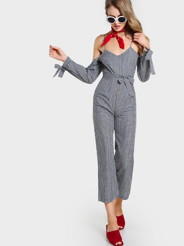 Shein Tie Cuff And Waist Gingham Jumpsuit