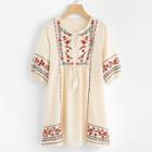 Shein Floral Embroidered Frige Tie Neck Dress