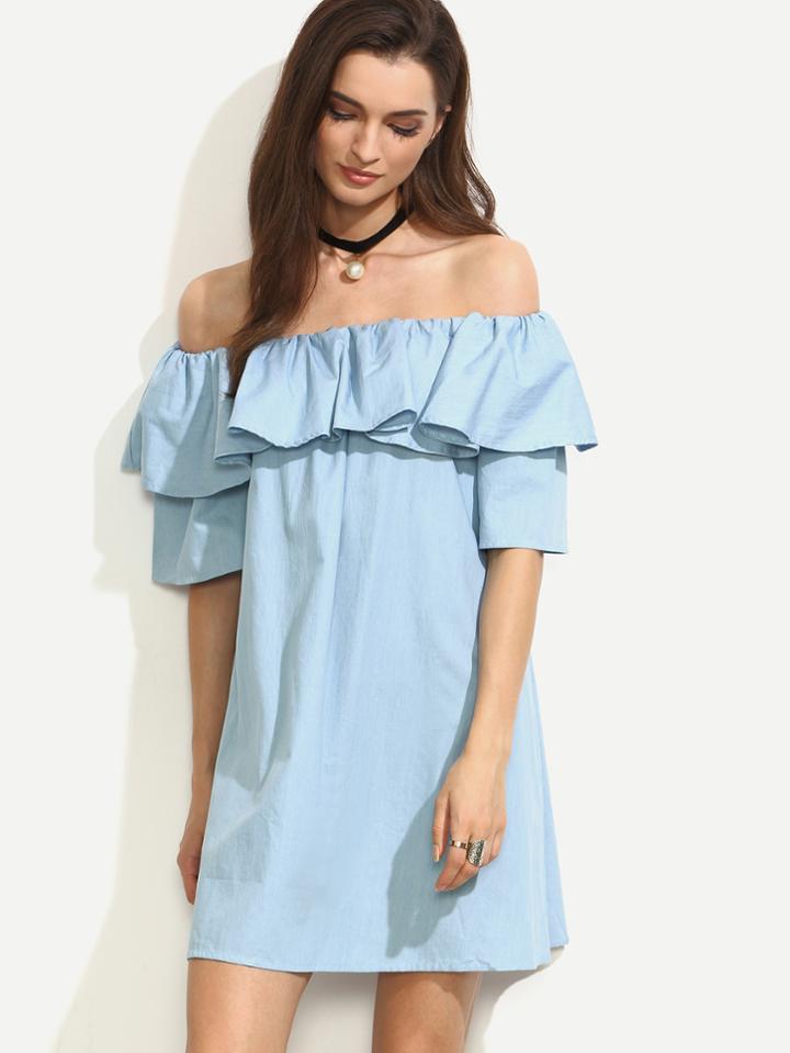 Shein Blue Ruffle Off The Shoulder Dress