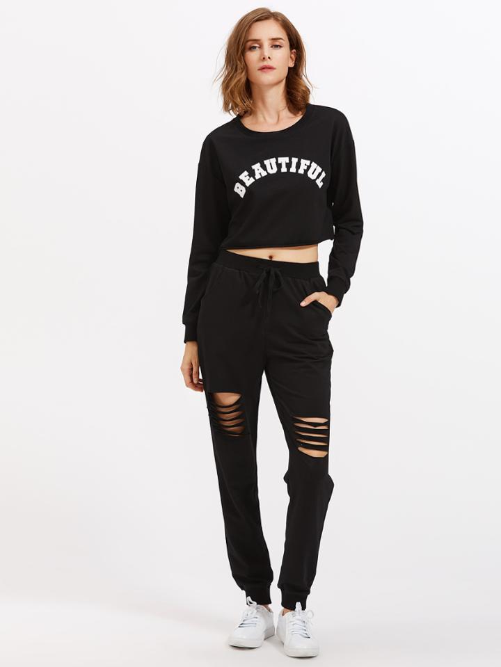 Shein Slashed Raw Hem Sweatshirt And Jogger Set